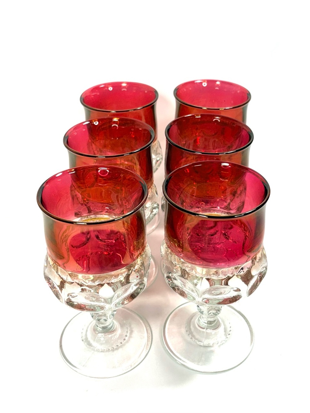 Vintage King’s Crown Ruby Flash Thumbprint Goblets ~5.5” Set of 6